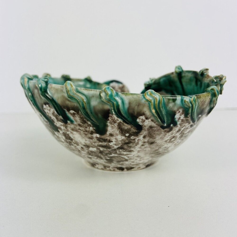 Vtg Italy Trinket Dish Catch All Seashell Jade Green Painted Speckled MCM Signed - Picture 8 of 11